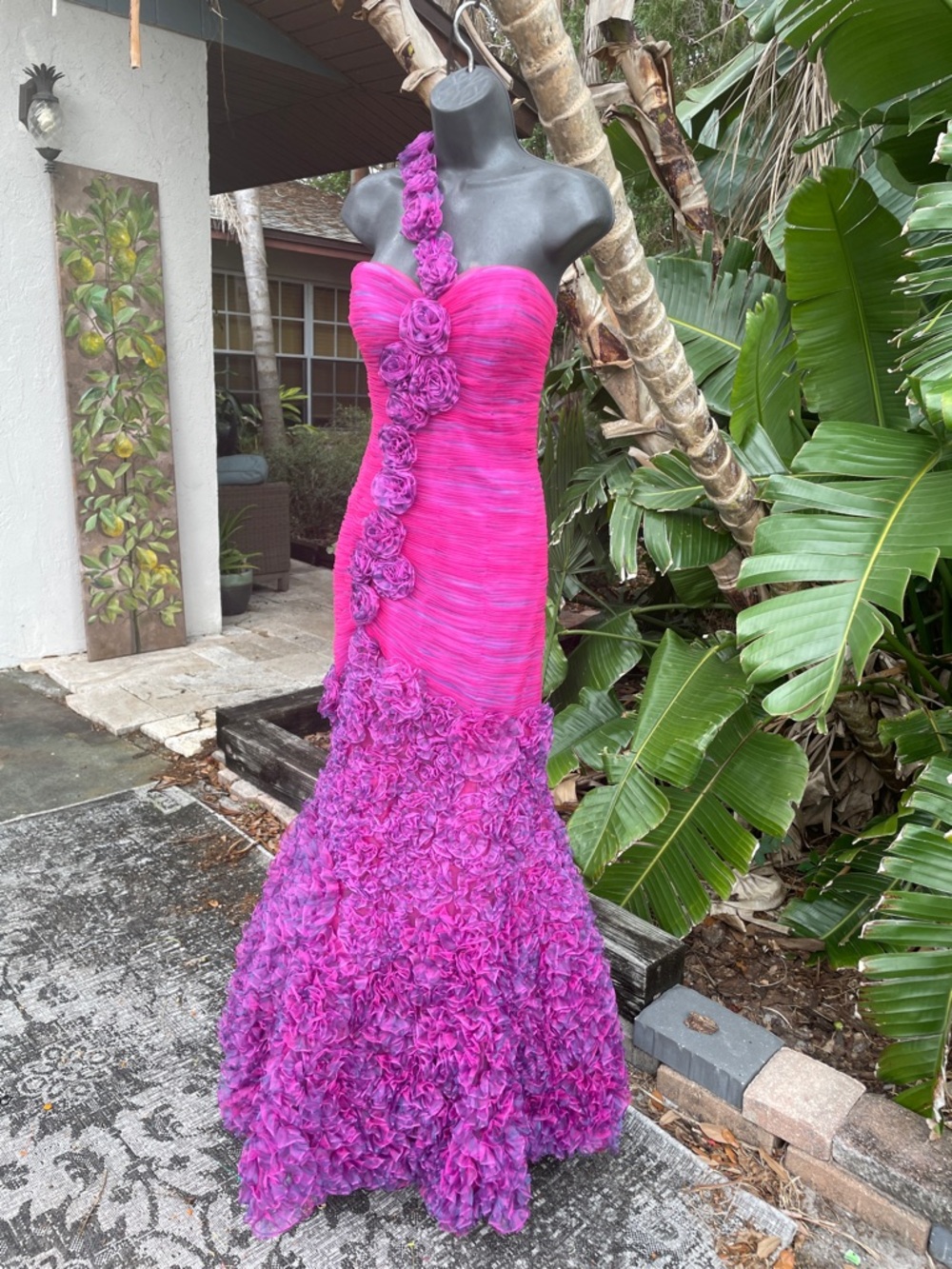 Jovani tulle pink and purple mermaid dress with 3-D florals